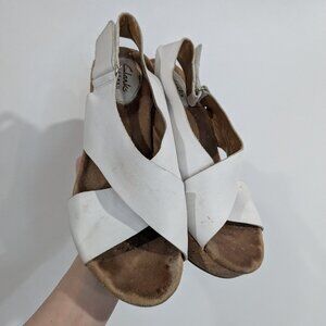 Clarks Artisan Leather Sling Back Cork Wedge Sandals White Size 8